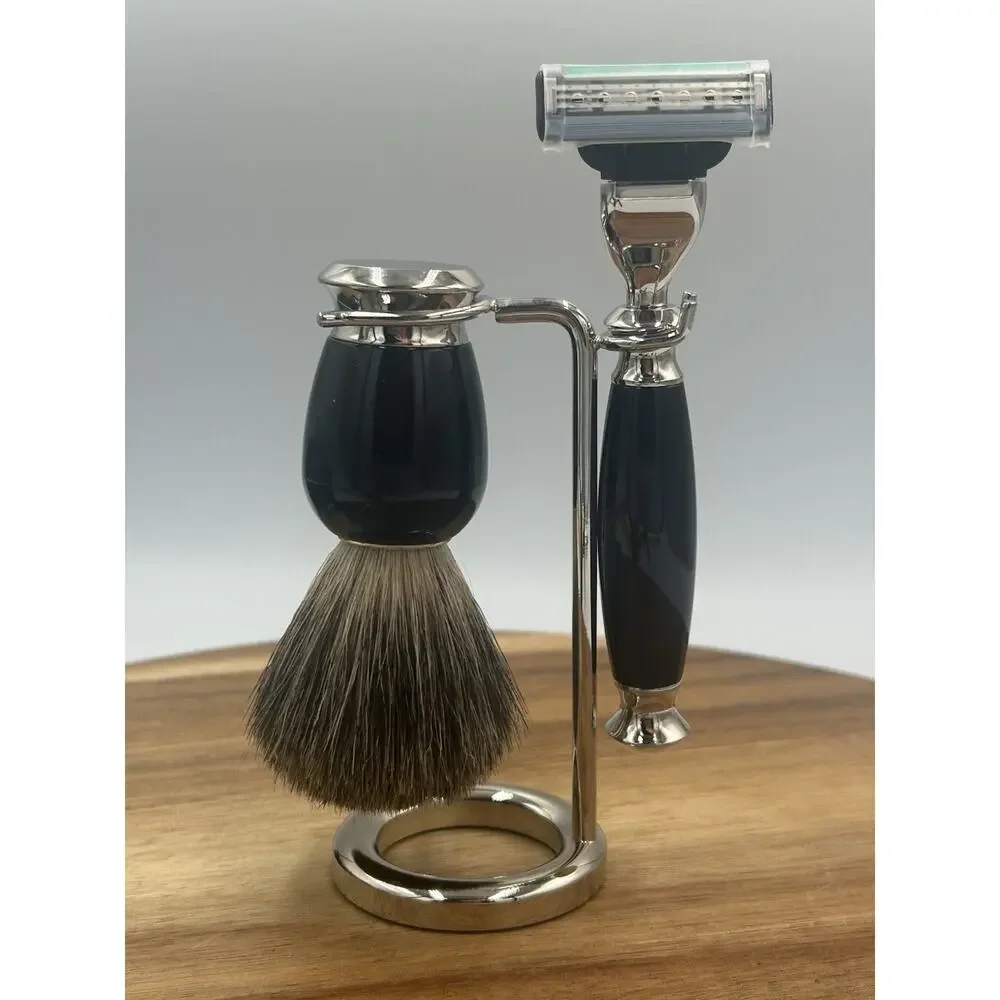 Edwin Jagger Shaving Set Black 3pc w/ Stand Badger Brush Razor Handle & Box